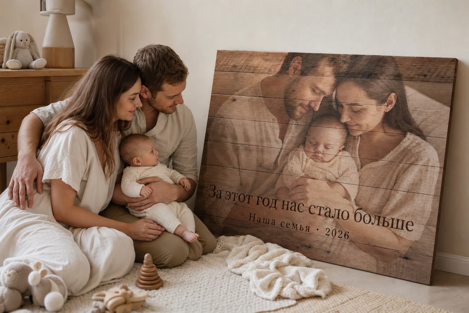 Родители с малышом смотрят на большую картину на дереве «За этот год нас стало больше»
