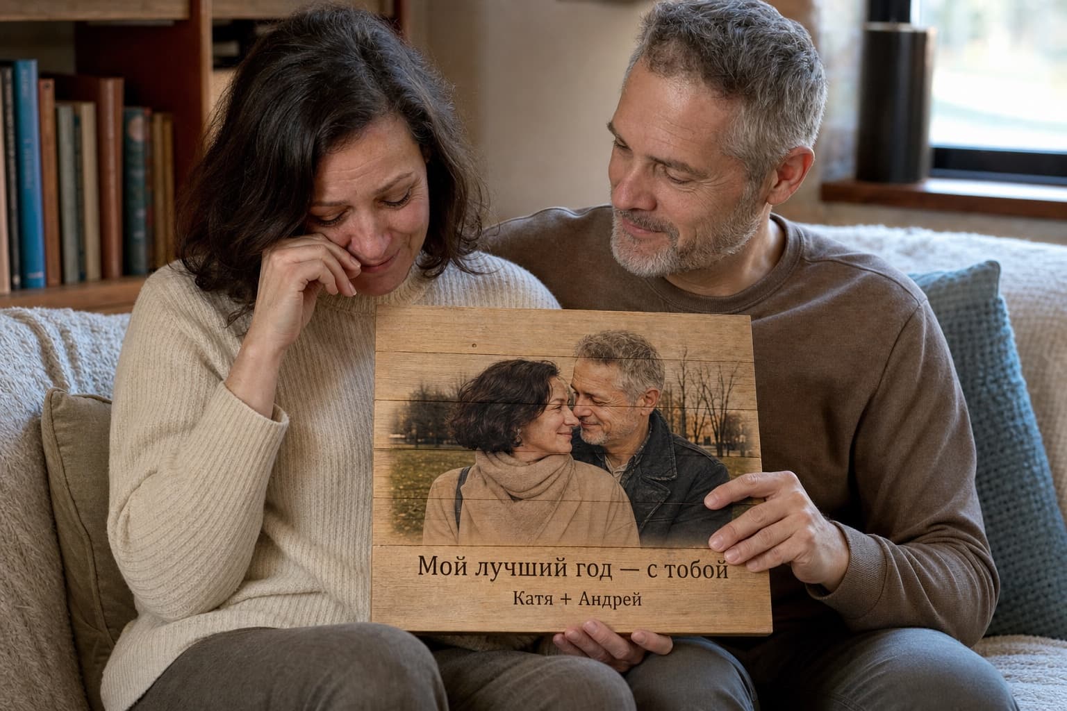 Зрелая пара держит небольшую картину «Мой лучший год — с тобой»