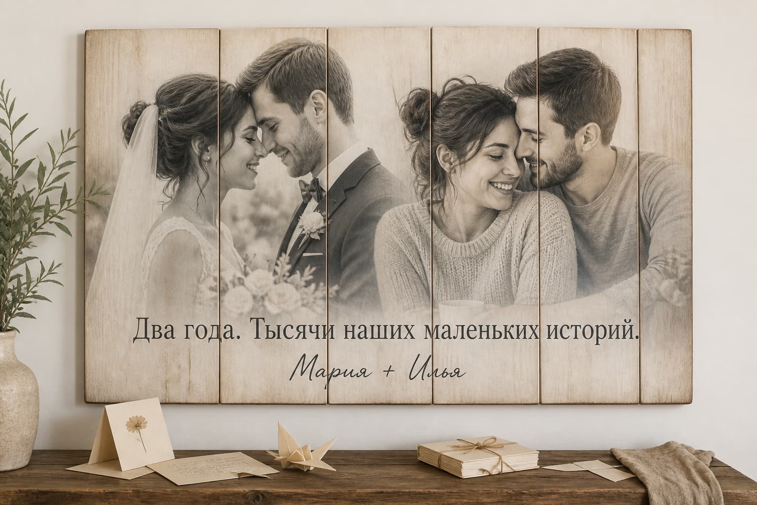 Молодая пара на картине из вертикальных деревянных досок к бумажной свадьбе