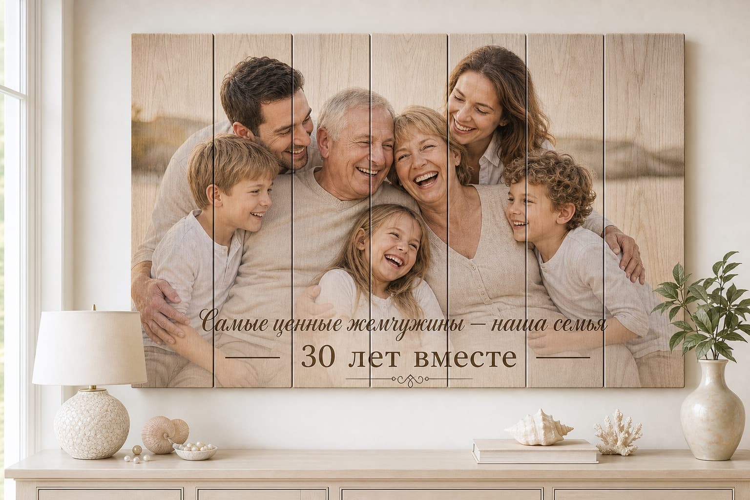 Три поколения семьи на большой картине из вертикальных досок