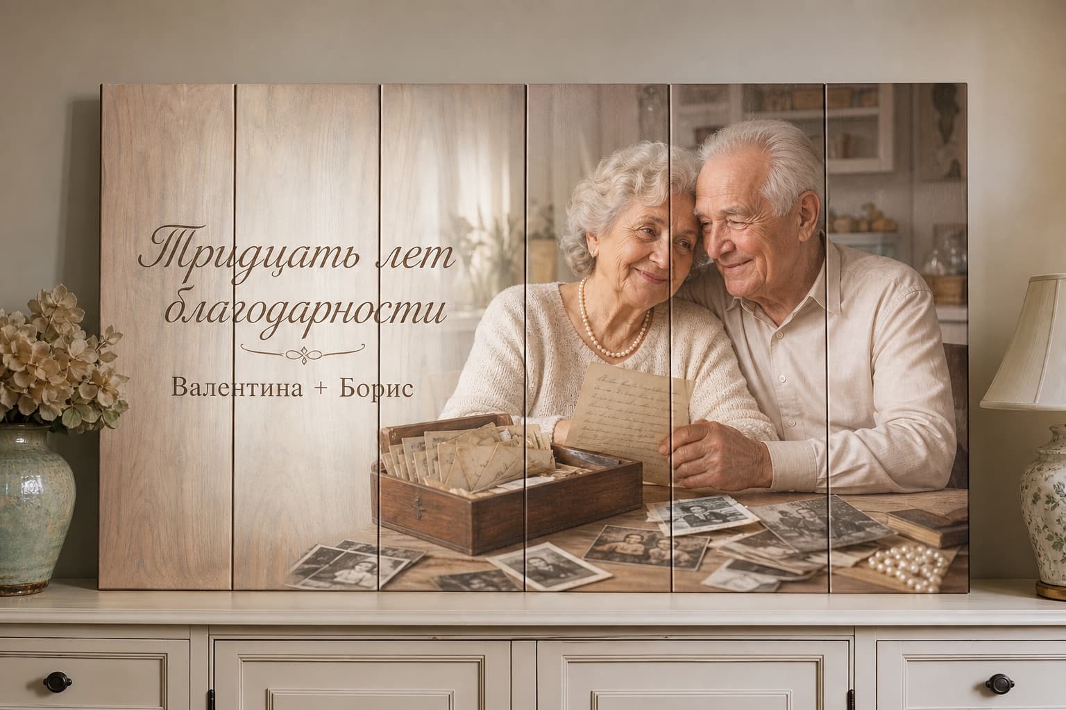 Пожилая пара с письмами и фотографиями на картине из вертикальных досок