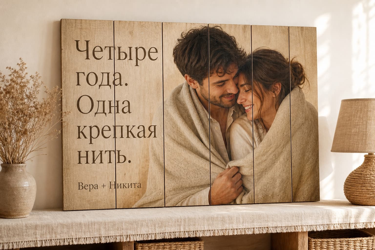 Пара на льняной свадьбе на картине из вертикальных деревянных досок