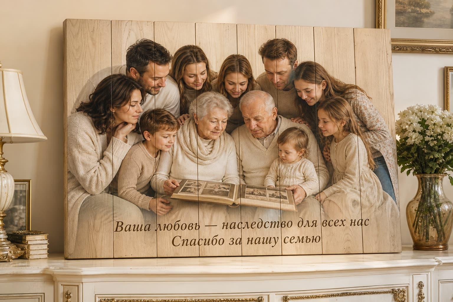 Юбиляры с семейным альбомом и фотографиями поколений на картине из вертикальных досок