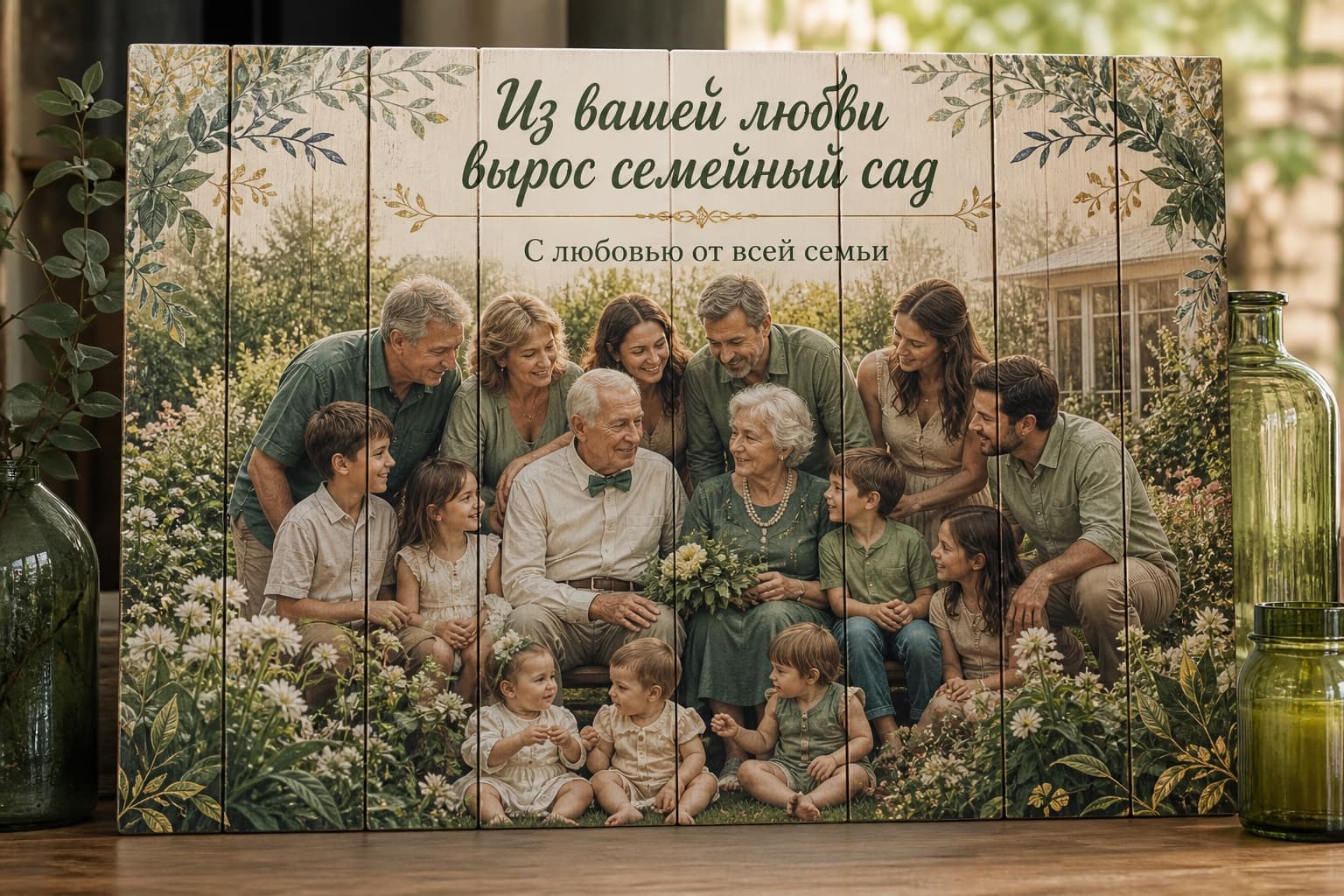 Большая семья в саду на картине из вертикальных деревянных досок