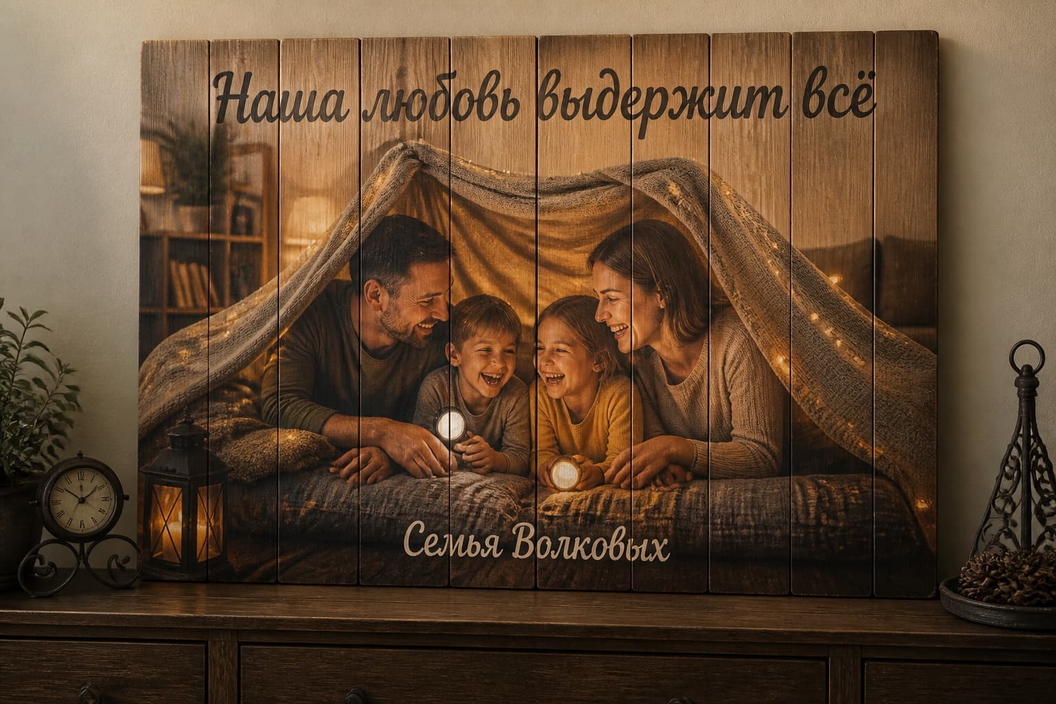 Семья на большой картине из вертикальных досок