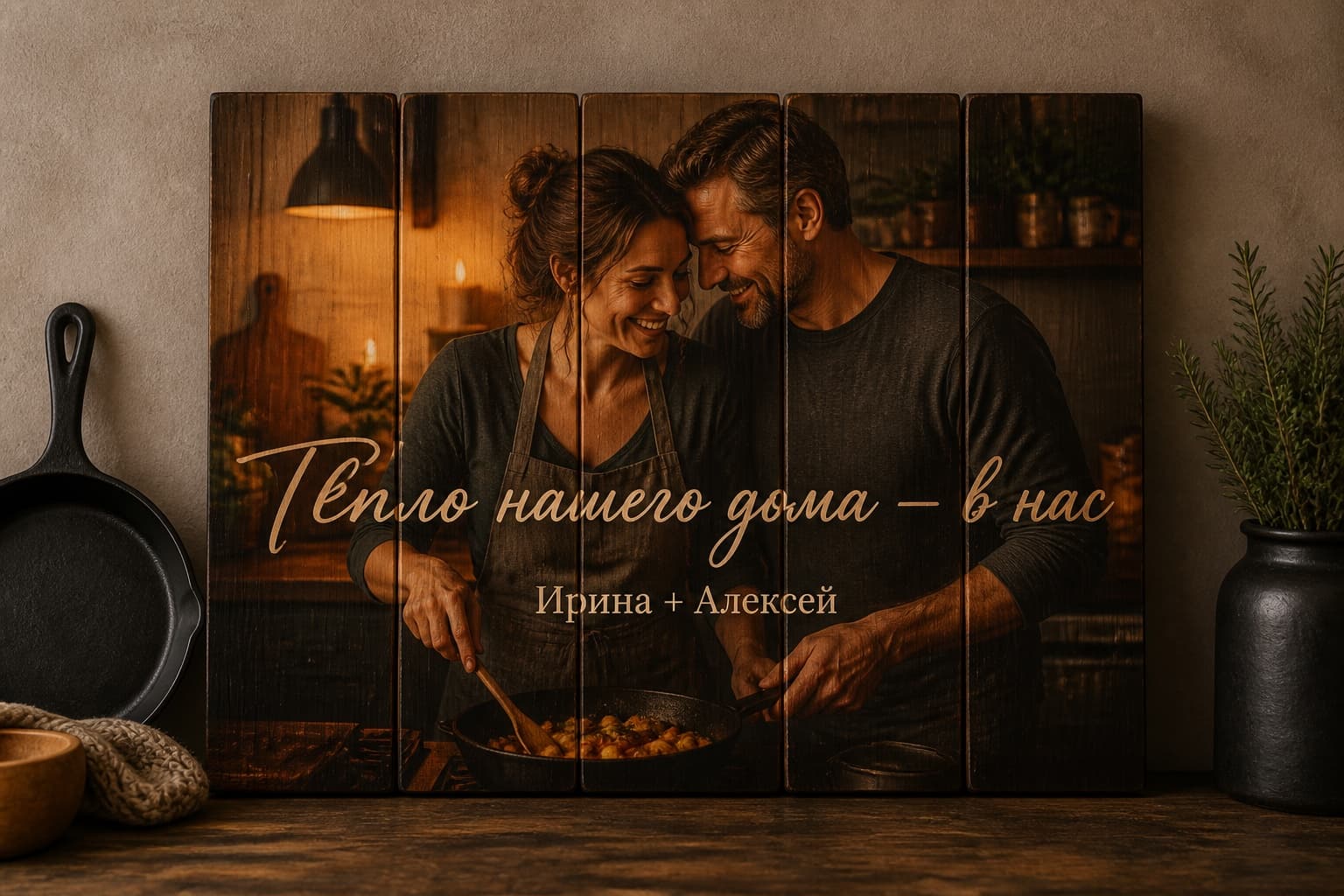 Пара у домашнего очага на картине из вертикальных досок
