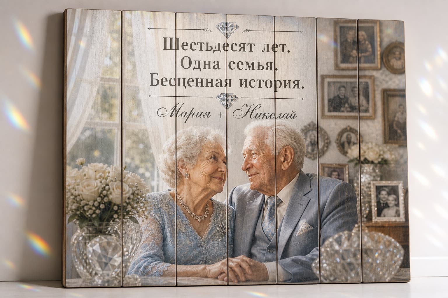 Пожилая пара среди семейных фотографий на картине из вертикальных досок