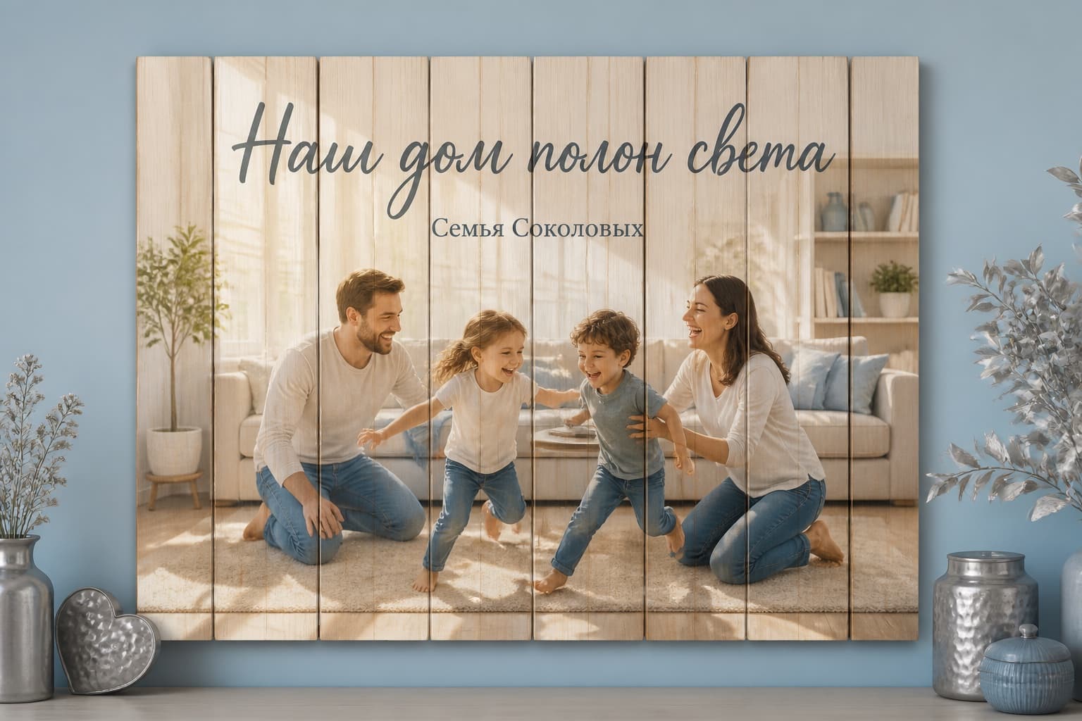 Семья в светлом доме на картине из вертикальных досок