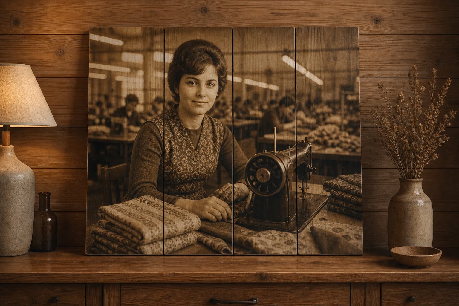 Восстановленная фотография молодой швеи на четырёх вертикальных досках