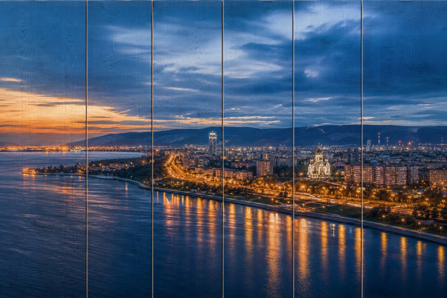 Огни вечернего Тольятти, Волга и Жигули на вертикальных досках