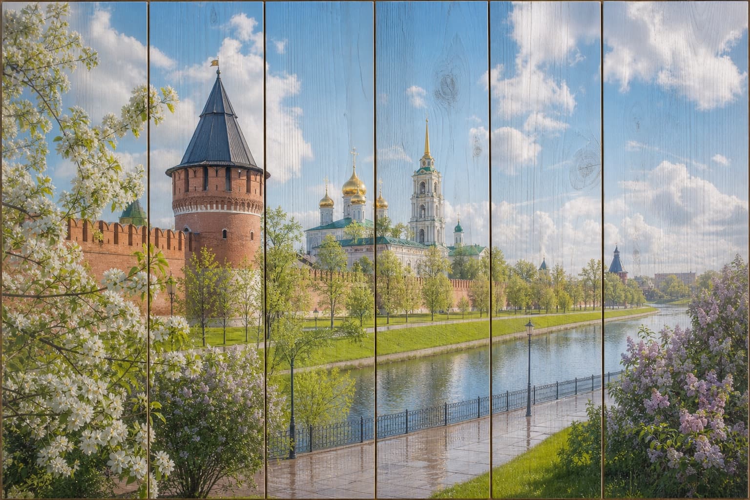 Весеннее цветение у Тульского кремля и Казанской набережной на вертикальных досках
