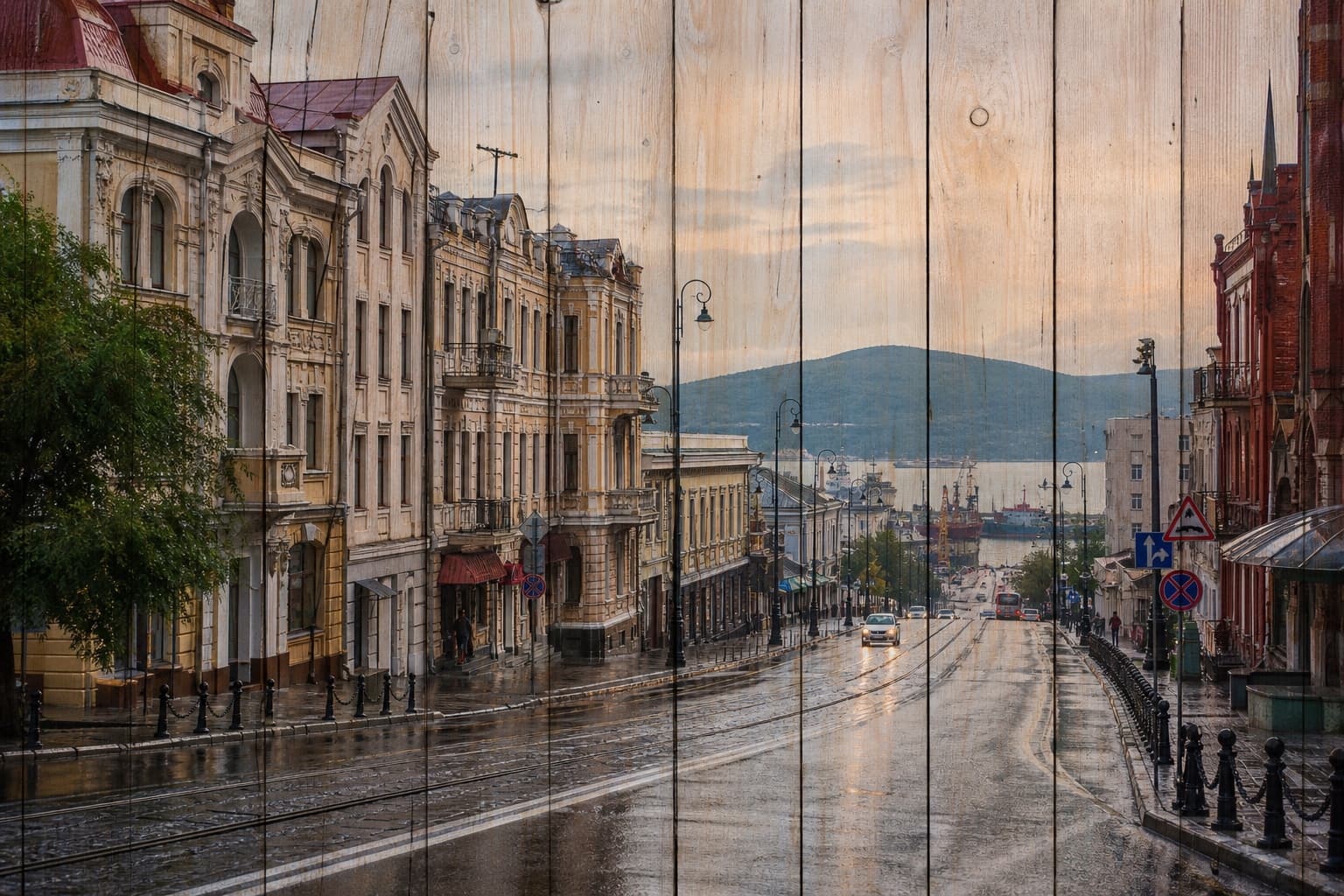 Светланская улица во Владивостоке после дождя на вертикальных досках