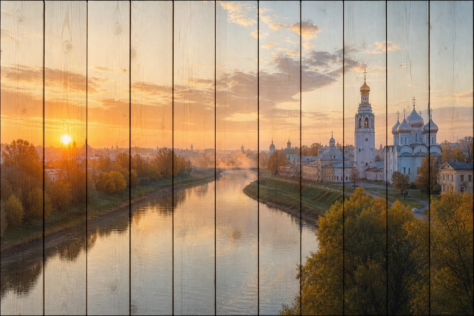 Рассвет над рекой Вологдой, Софийским собором и старым городом на вертикальных досках