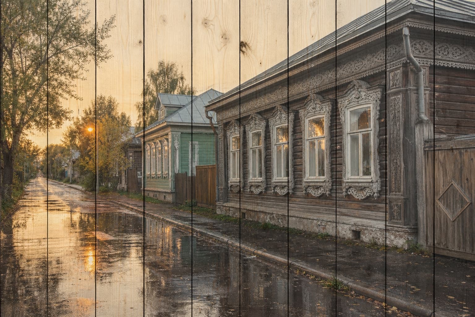 Резные деревянные дома Вологды после дождя на вертикальных досках
