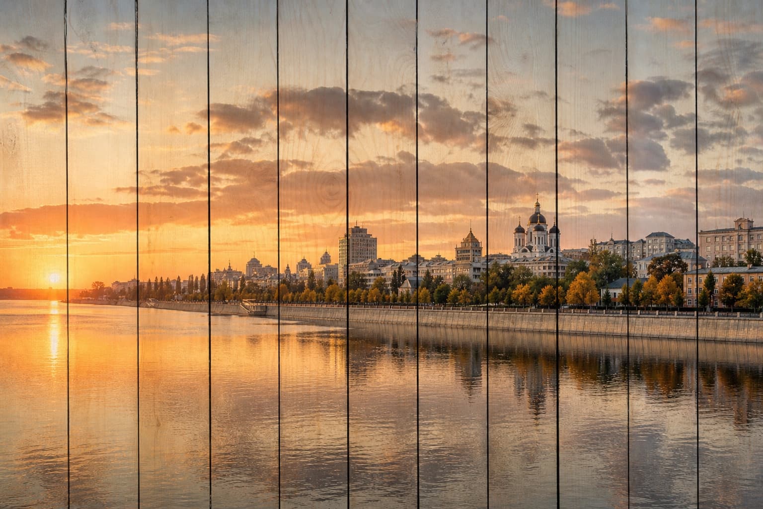 Рассвет над Воронежским водохранилищем и городом на вертикальных досках