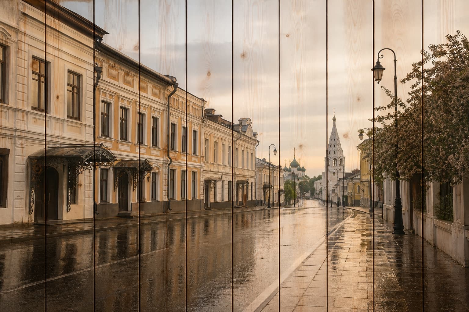 Старинная улица Ярославля после дождя на вертикальных досках