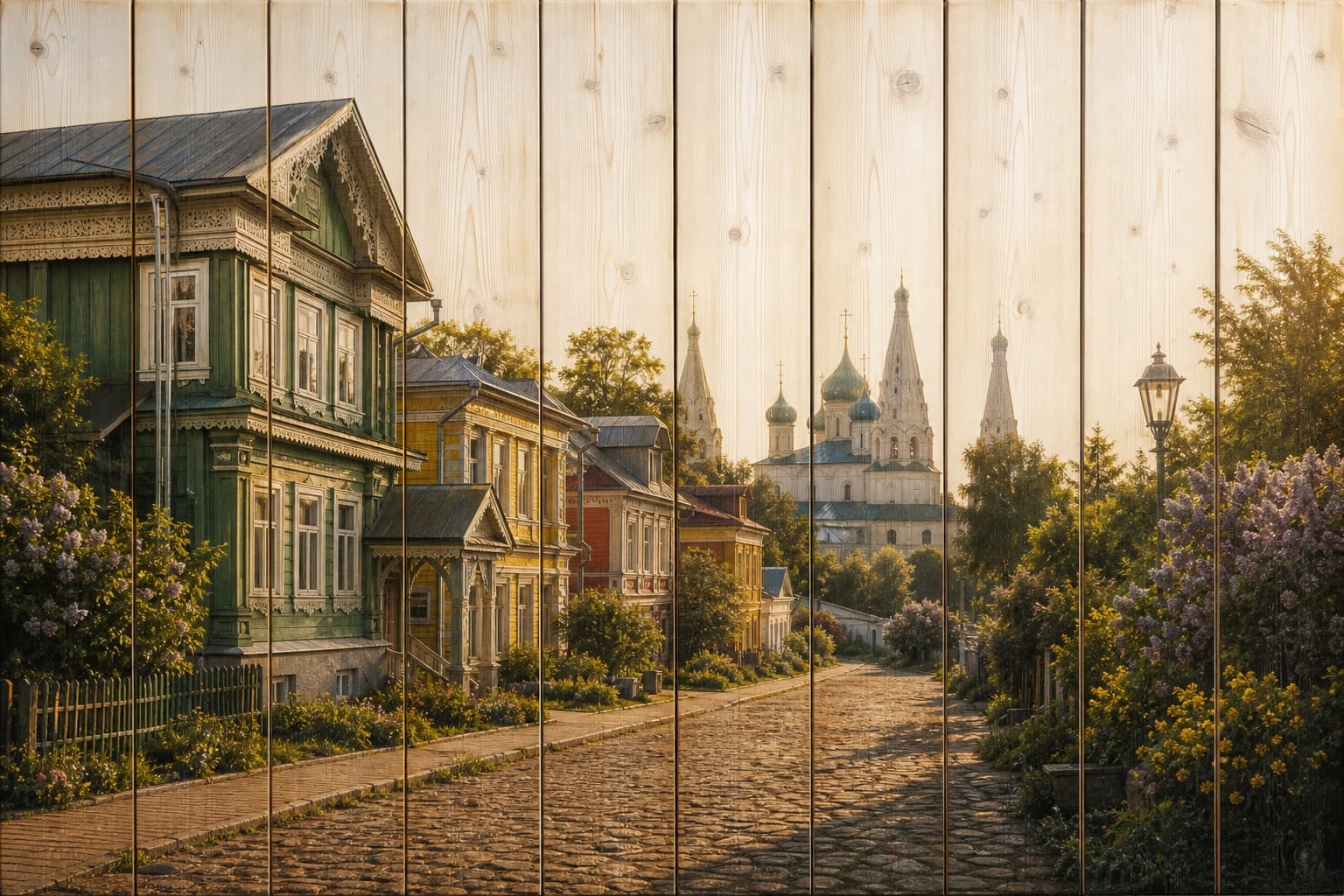 Старинная улица Ярославля и церковь Ильи Пророка на вертикальных досках