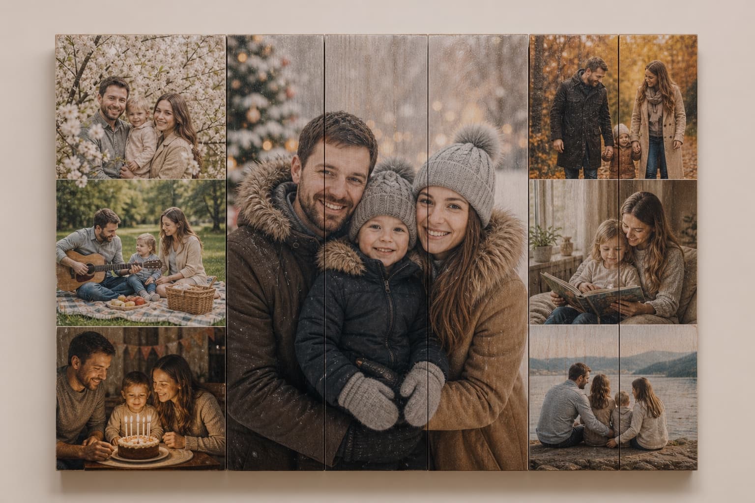 Семейный коллаж с фотографиями четырёх сезонов на деревянных досках