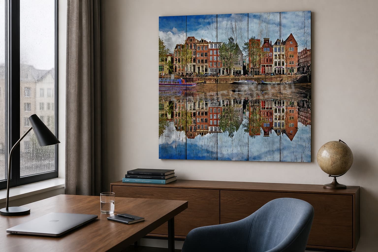 Окно в путешествие: картина на дереве 80×80 см в интерьере