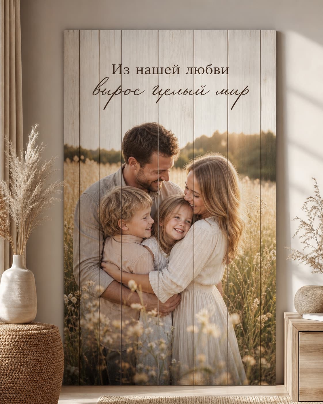 Семья с детьми на деревянной картине к годовщине