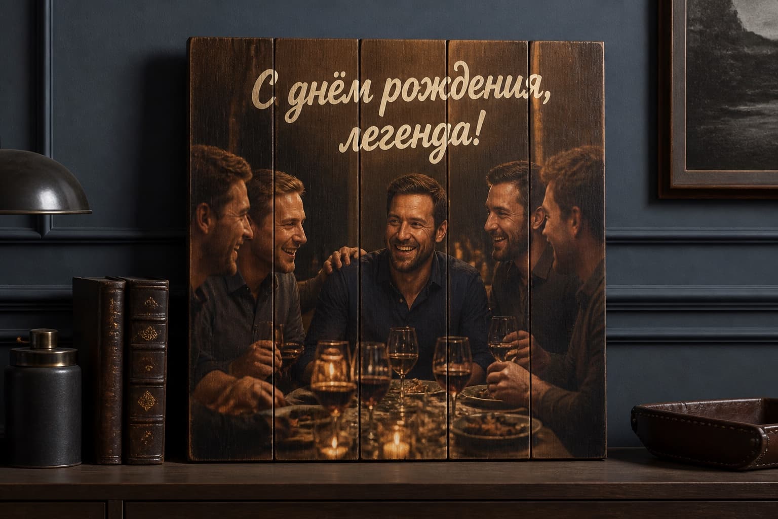 Мужчина с друзьями на деревянной картине с поздравлением легенде