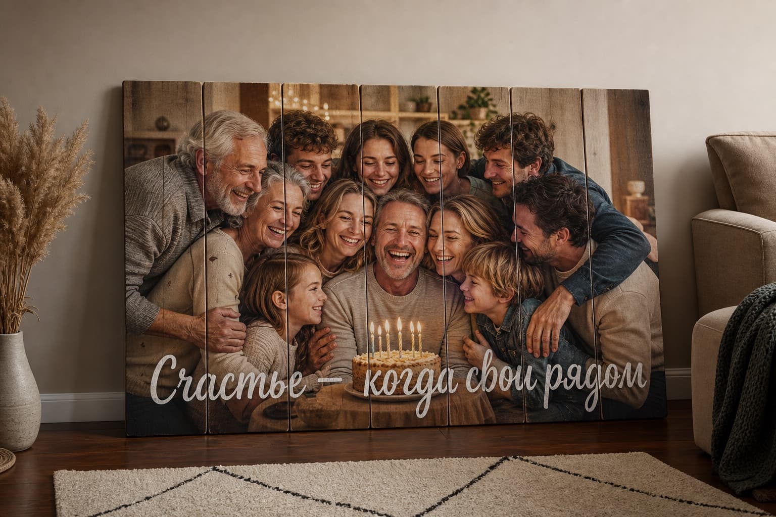 Большая семья вокруг именинника на деревянной картине
