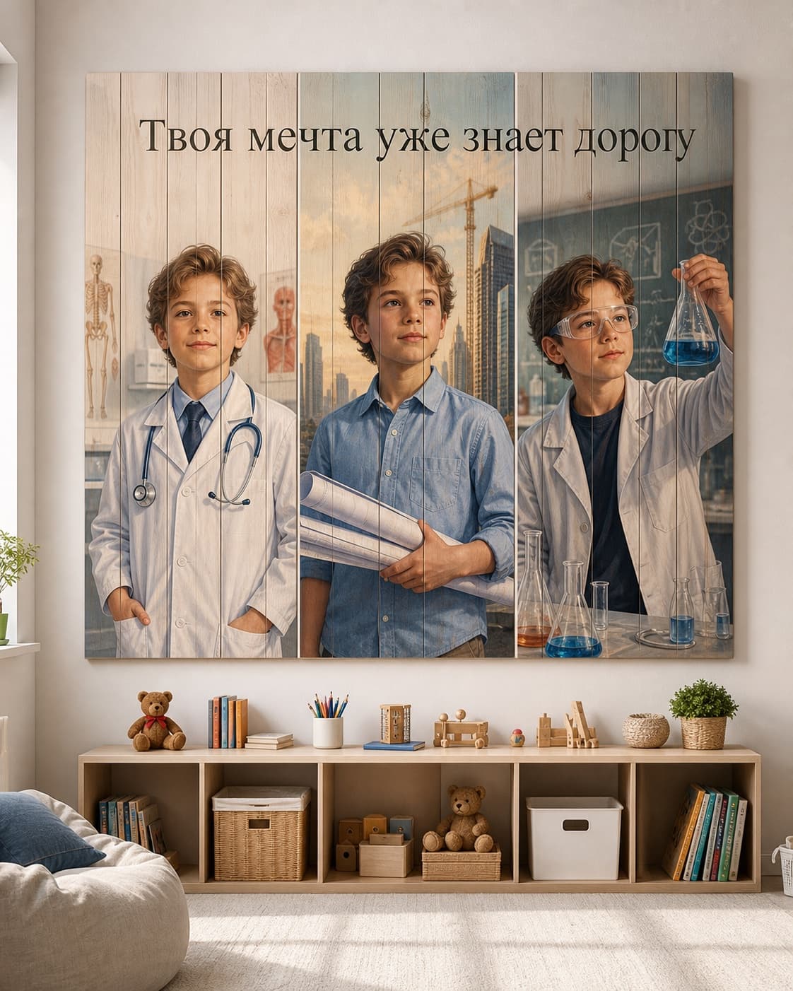 Мечты ребёнка о будущих профессиях на картине из деревянных досок