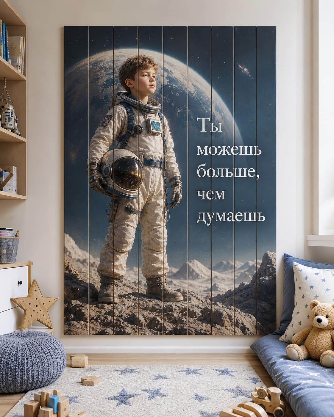 Мальчик-астронавт на картине из деревянных досок с мотивирующей подписью