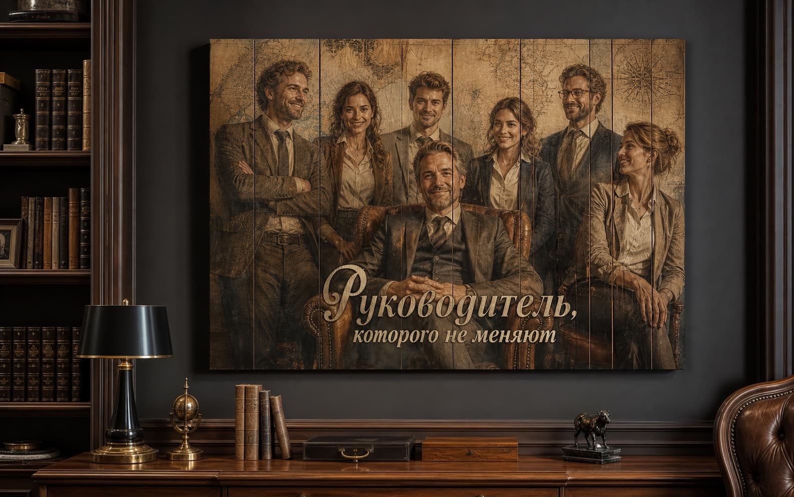 Тёплый портрет руководителя с командой на деревянной картине