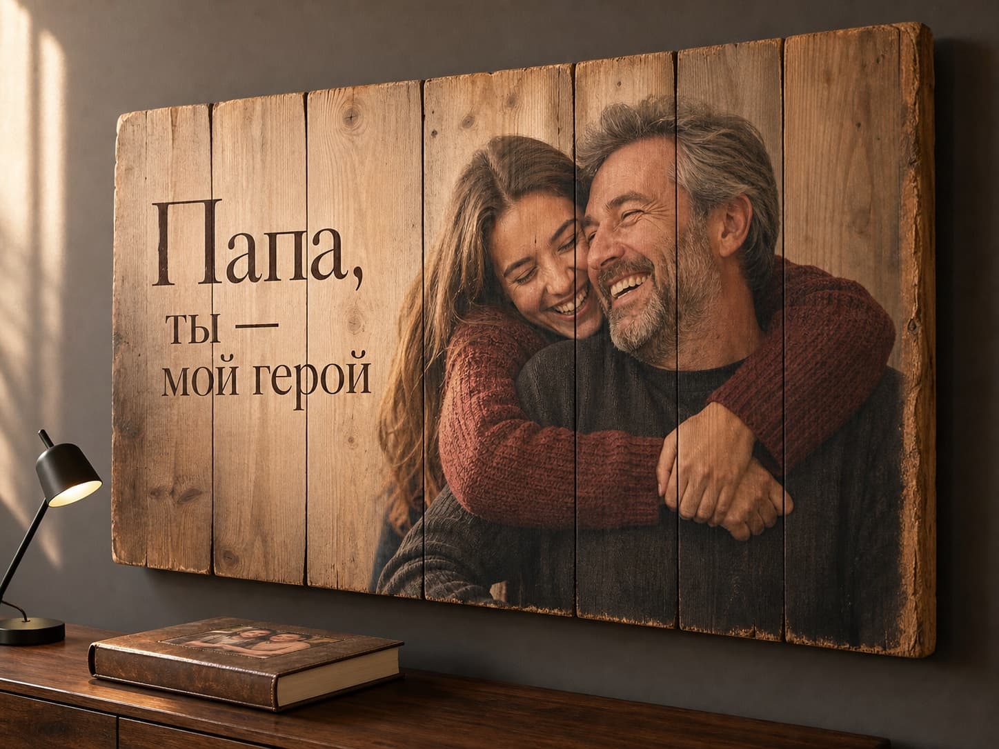 Картина на деревянных досках с папой и дочерью и надписью «Папа, ты — мой герой»