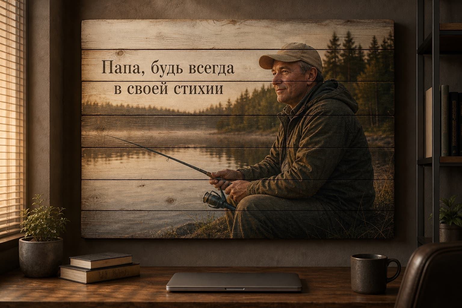 Картина на деревянных досках с папой на рыбалке и надписью «Папа, будь всегда в своей стихии»