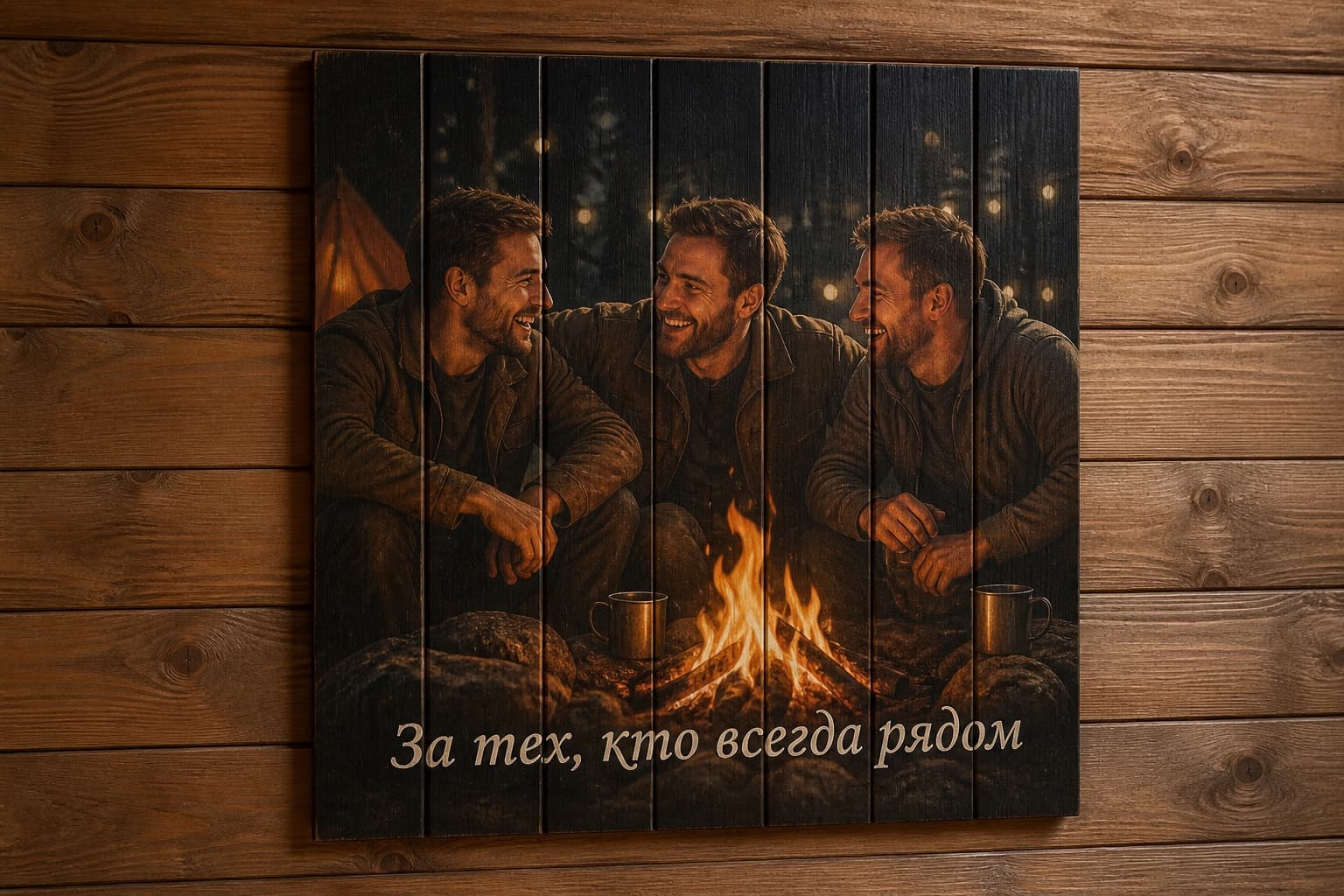 Трое друзей у костра на деревянной картине