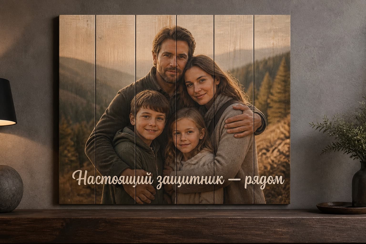 Семейный портрет на деревянных досках со словами о настоящем защитнике