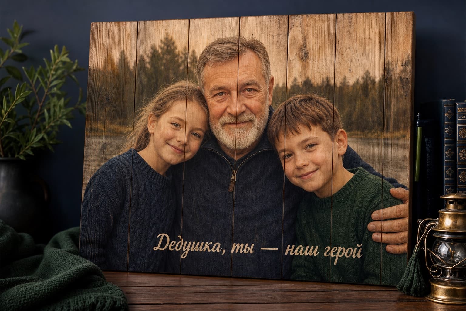 Картина на дереве с дедушкой и внуками и надписью «Дедушка, ты — наш герой»