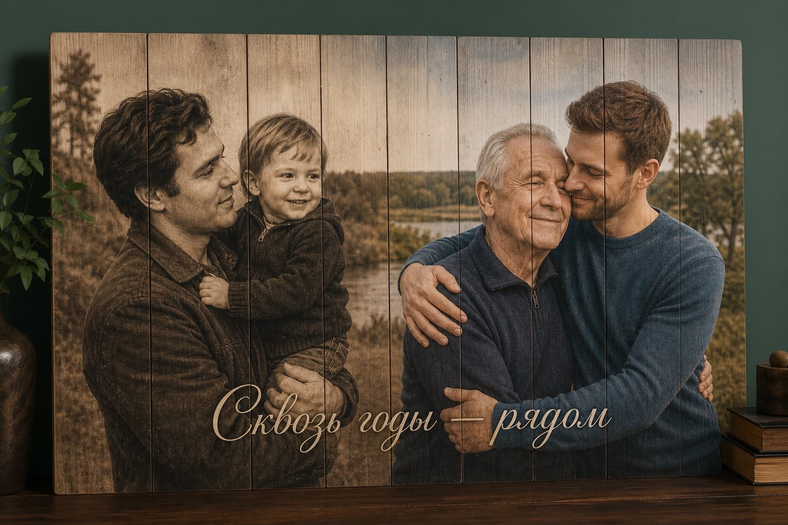 Коллаж отца и сына тогда и сейчас на деревянной картине