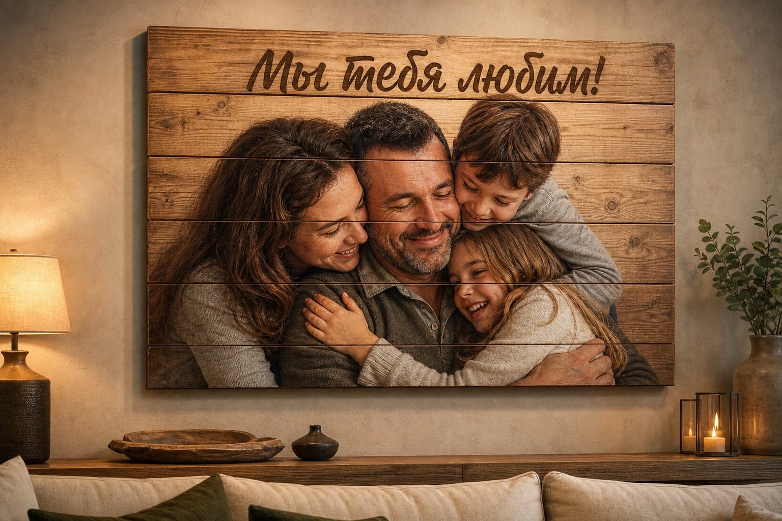 Большая семейная картина на деревянных досках с надписью «Мы тебя любим!»