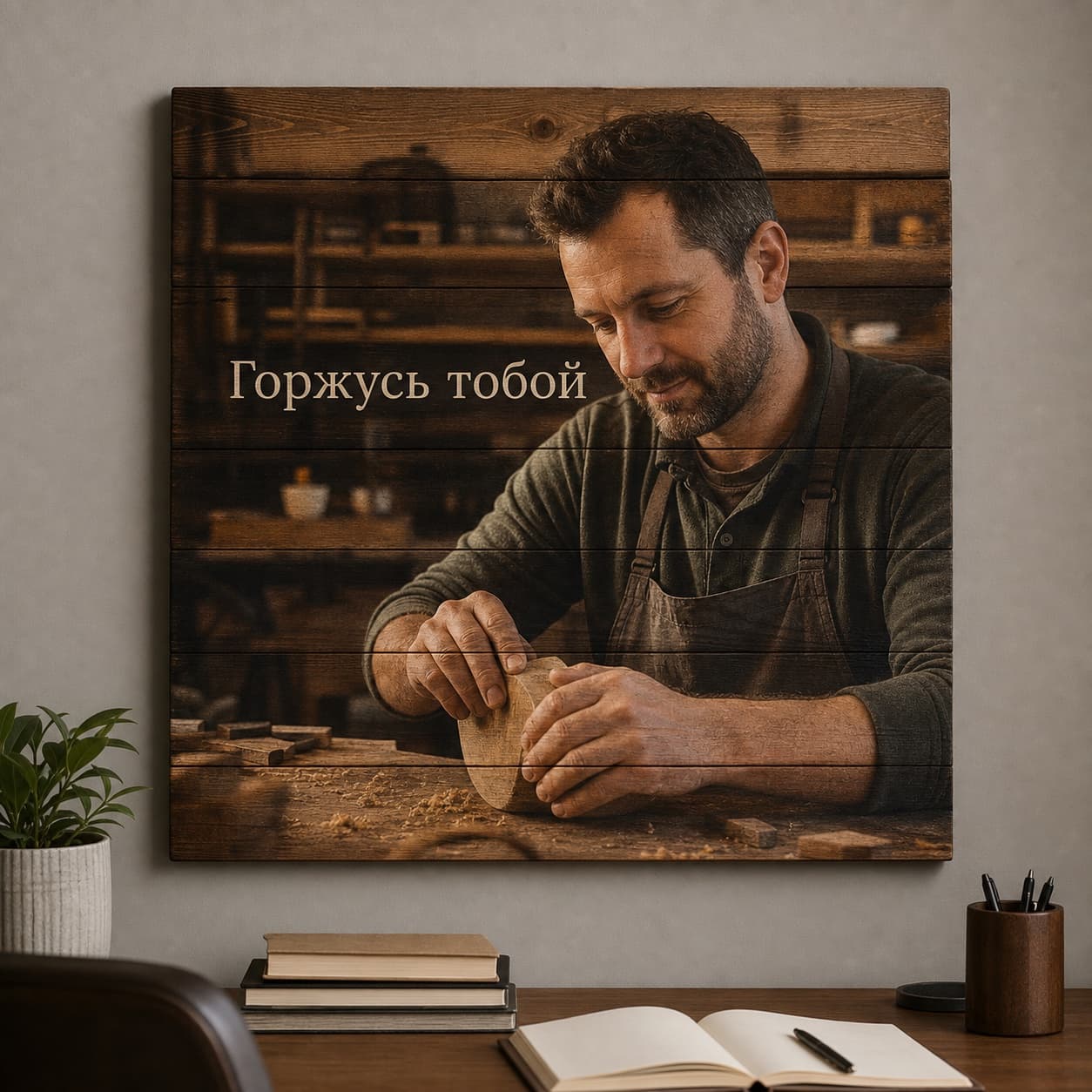 Портрет мужа в мастерской на деревянных досках с надписью «Горжусь тобой»