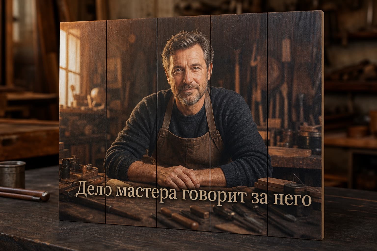 Портрет мужчины-мастера в мастерской на деревянных досках