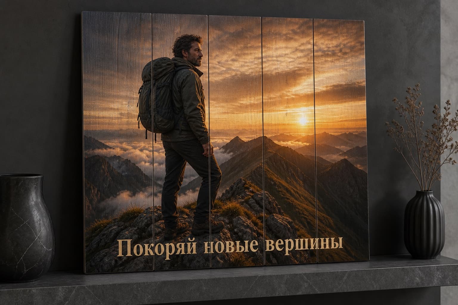 Мужчина в горах на вертикальной картине из деревянных досок