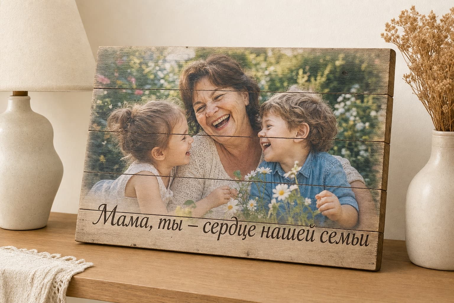 Картина на дереве с мамой и внуками и словами «Мама, ты — сердце нашей семьи»