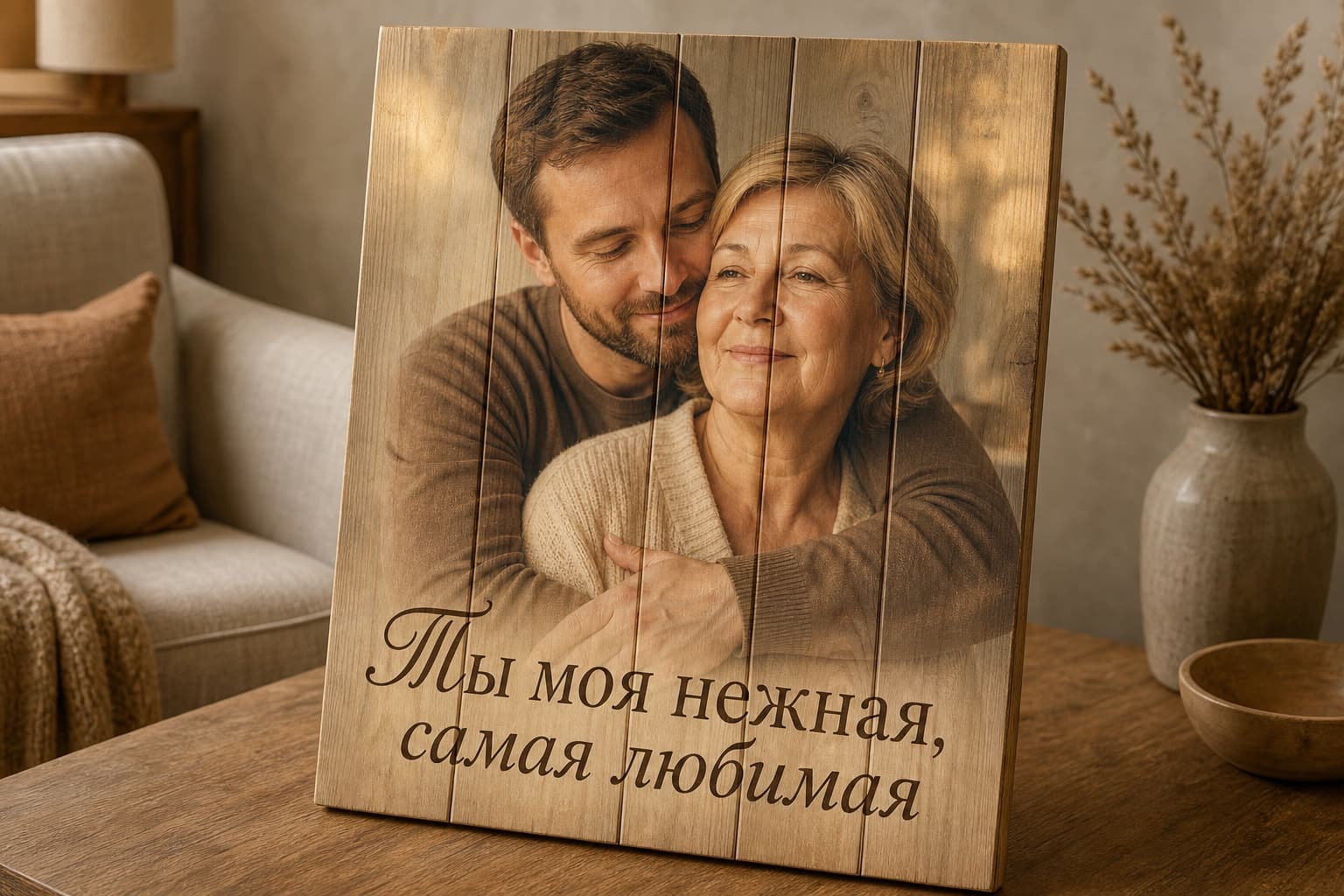 Вертикальная картина на дереве с мамой и взрослым сыном и надписью «Ты моя нежная, самая любимая»