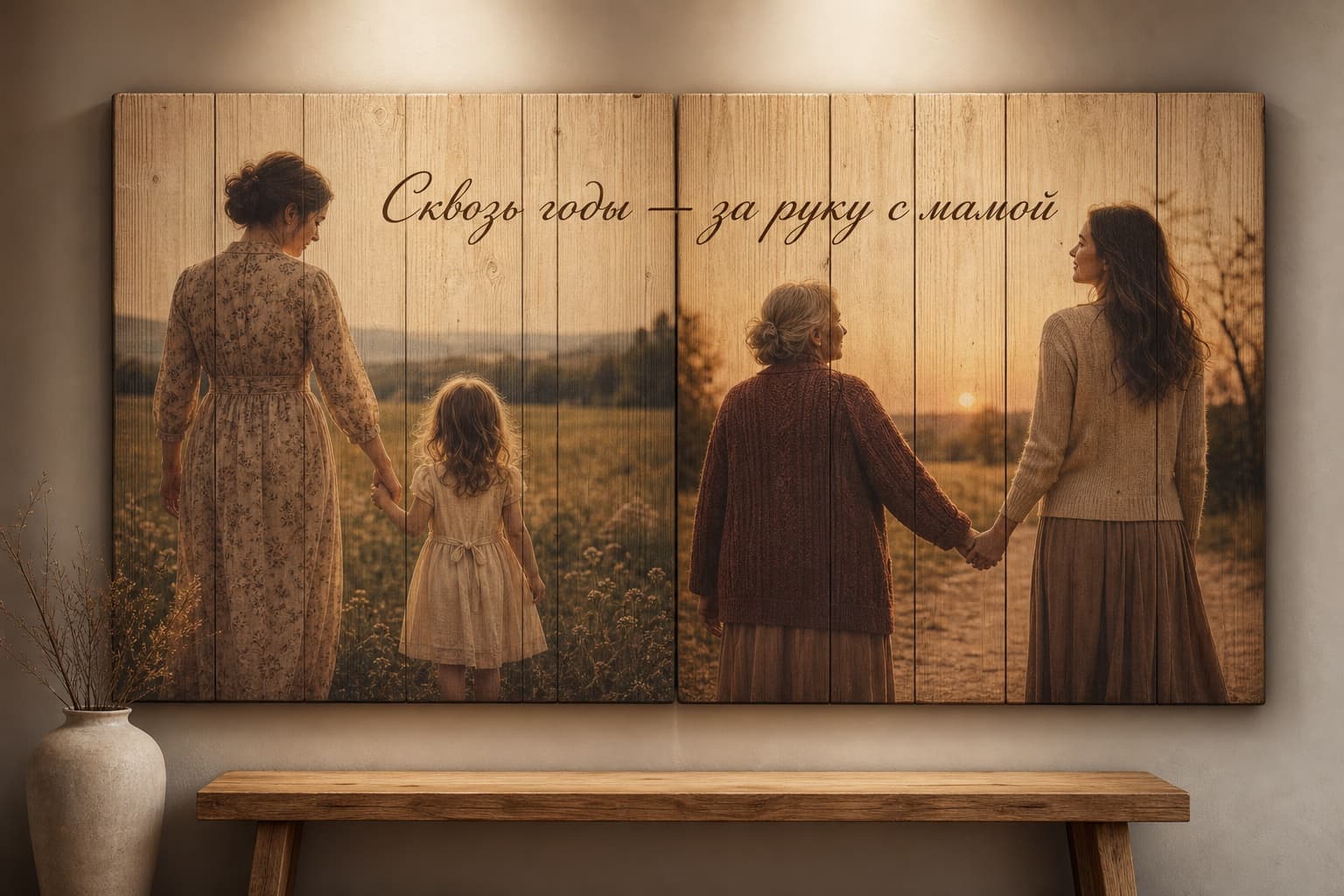 Картина из двух семейных фотографий мамы и дочери со словами «Сквозь годы — за руку с мамой»