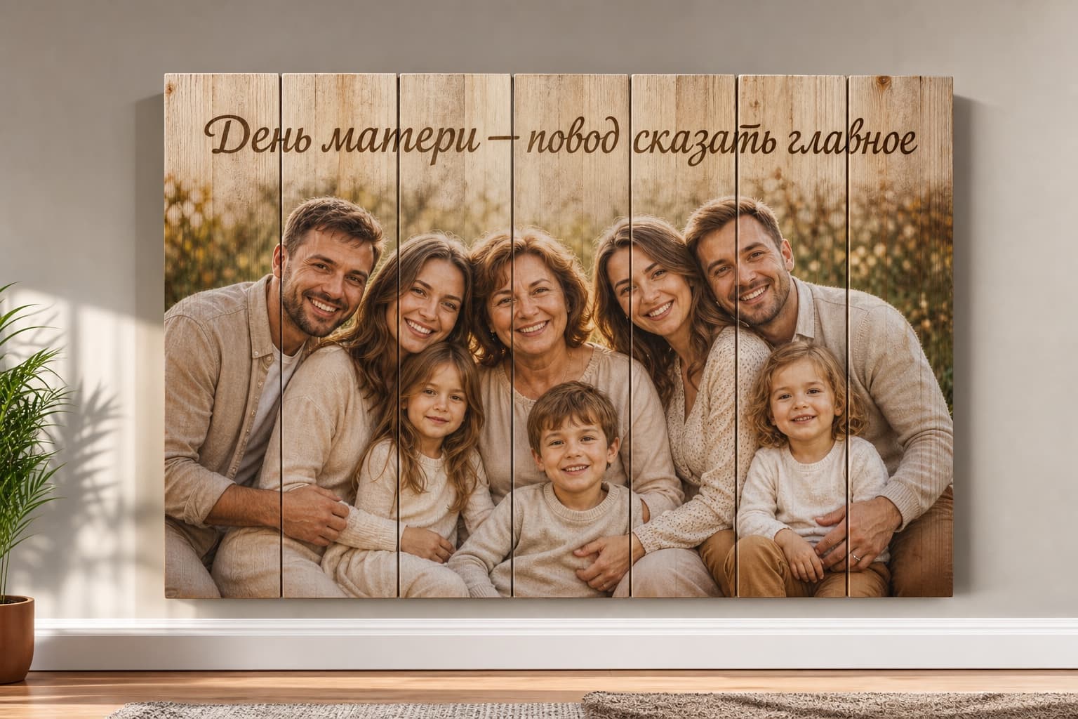 Большая семейная картина ко Дню матери на деревянных досках