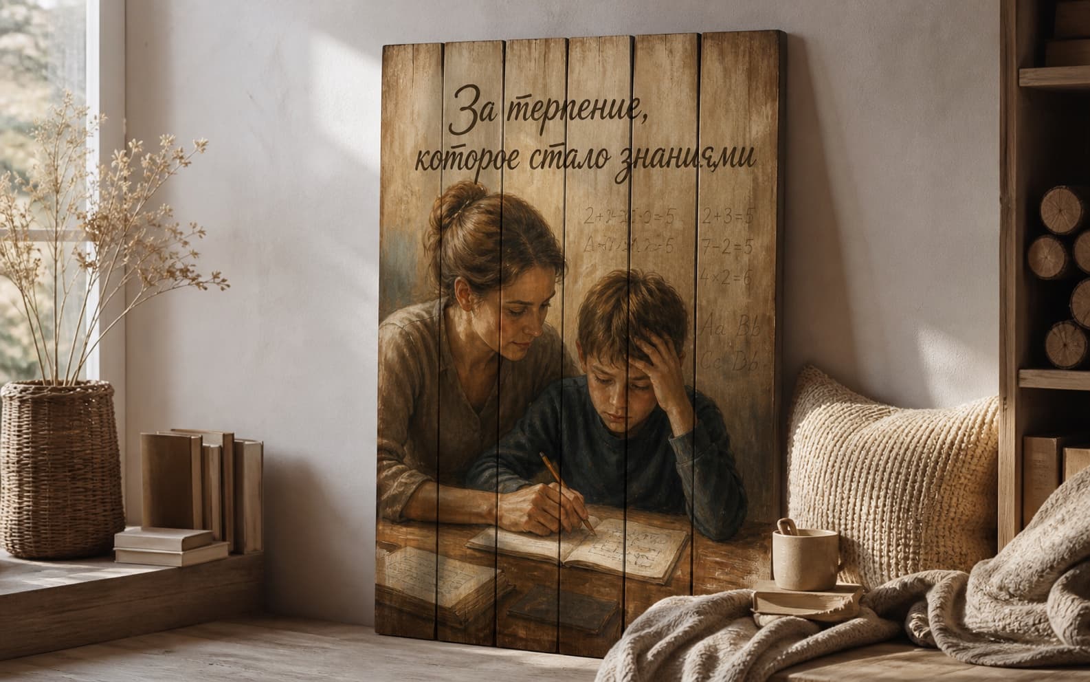 Учитель терпеливо помогает ребёнку на вертикальной деревянной картине