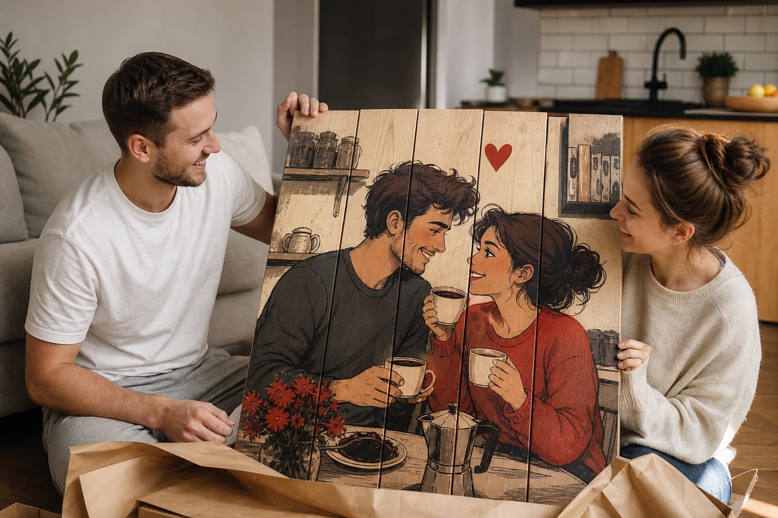 Портрет в стиле Love is на дереве — пример работы по фотографии на вертикальных деревянных досках