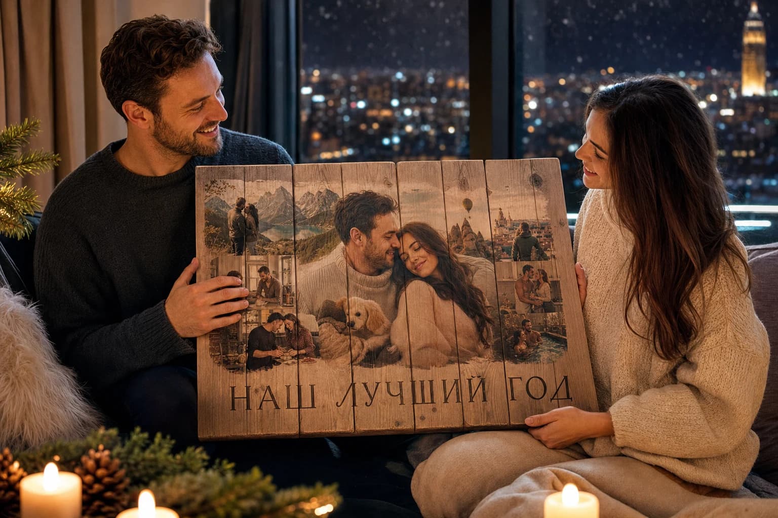 Пара с картиной на деревянных досках «Наш лучший год»