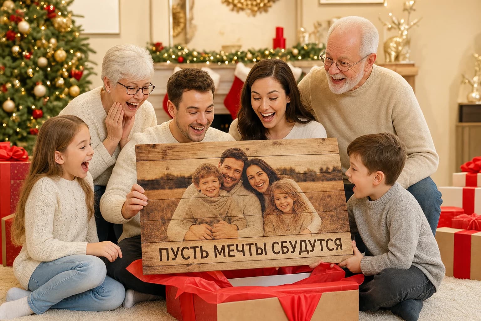 Семья получает яркую картину на досках «Пусть мечты сбудутся»