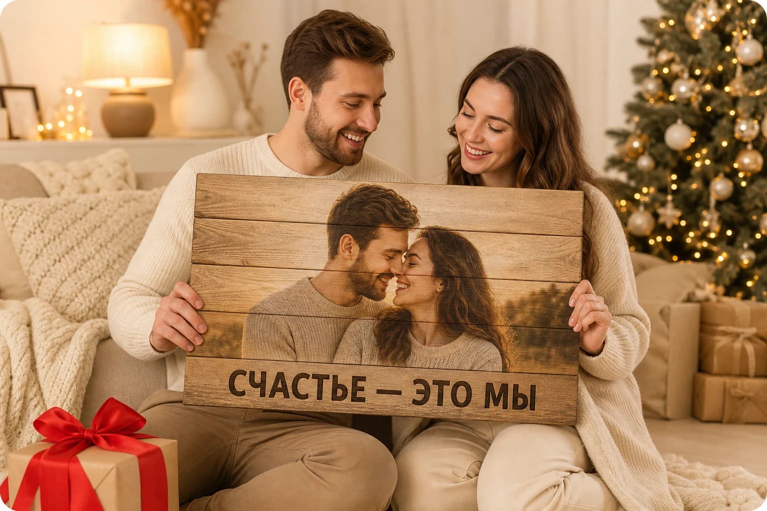 Пара с бежевой картиной на деревянных досках «Счастье — это мы»