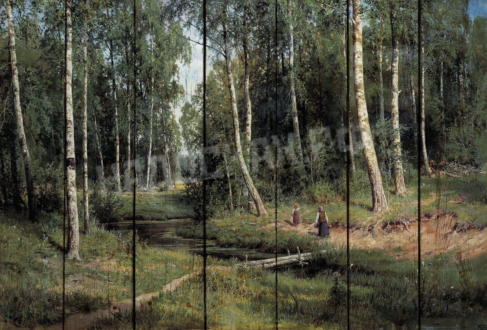 Картина на досках Шишкин. Ручей в березовом лесу