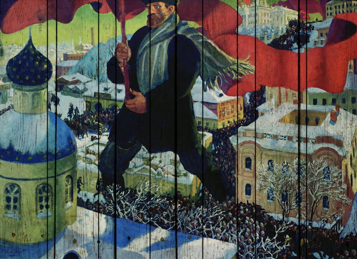 Матрос и милая — Борис Кустодиев — Большевик с красным флагом над городом